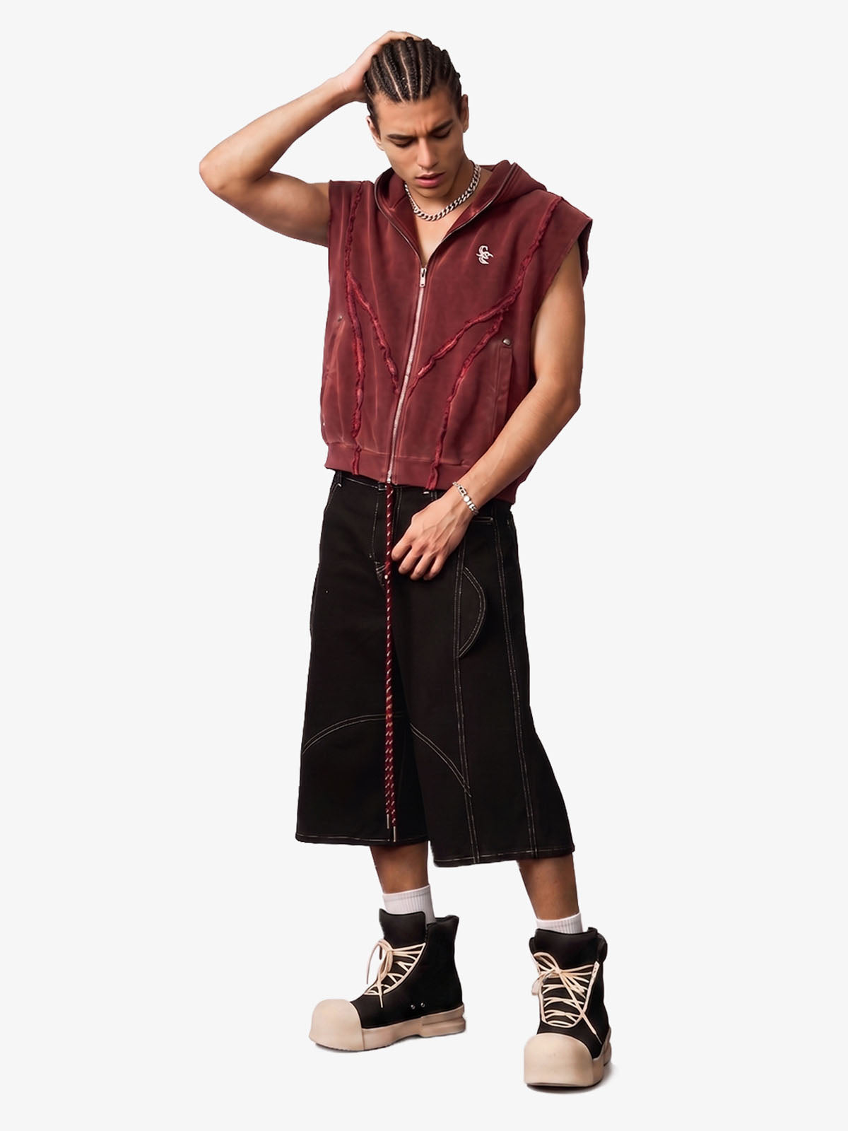 Vintage Distressed Full-Zip Hooded Sleeveless Vest 
