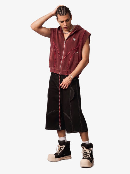 Vintage Distressed Full-Zip Hooded Sleeveless Vest 
