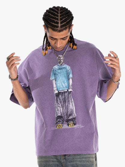 300G Jade Pattern Dyed Cotton Oversized T-Shirt with Skeleton Graphic Print Streetwear 