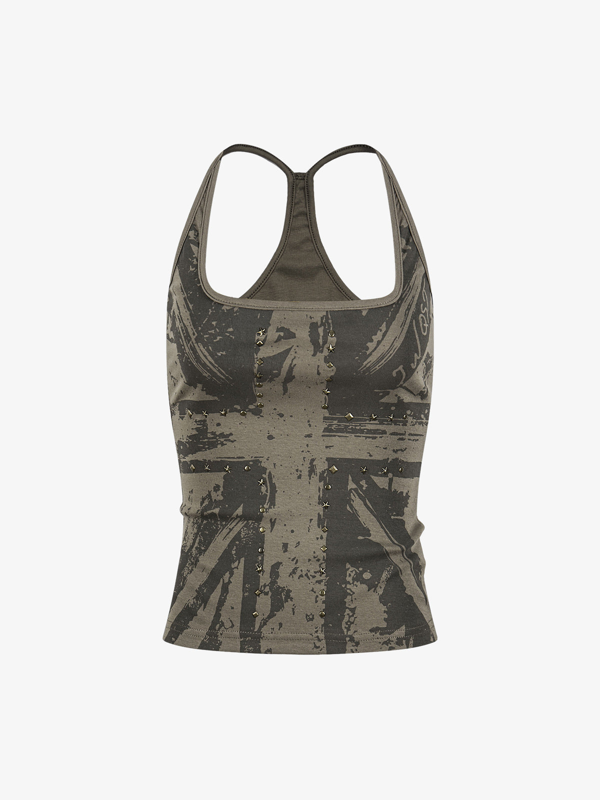 Union Jack Graphic Racerback Tank Top – Studded Cotton Blend Tank