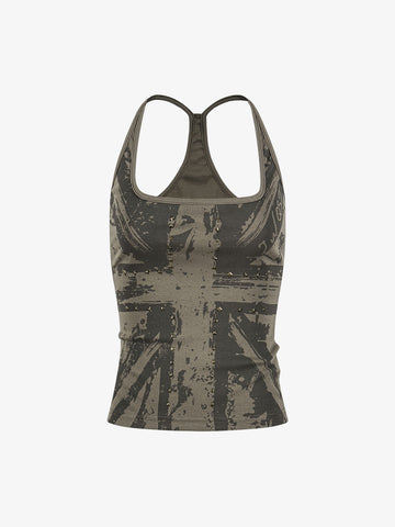 Union Jack Graphic Racerback Tank Top – Studded Cotton Blend Tank