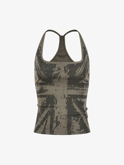 Union Jack Graphic Racerback Tank Top – Studded Cotton Blend Tank