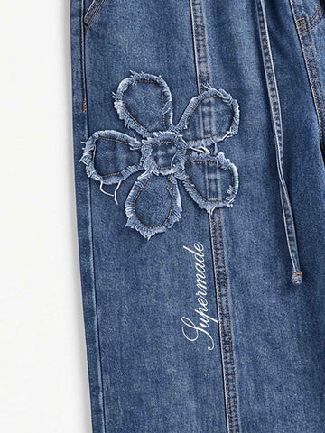 Appliqué Embroidered Wide-Leg Jeans