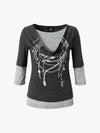 Necklace Pattern Striped Cowl Neck Long Sleeve Tee