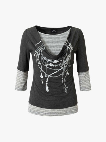 Necklace Pattern Striped Cowl Neck Long Sleeve Tee