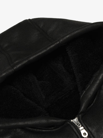 Vintage Leather Badge Fleece-lined Hooded Zip Bomber Jacket - 2547 
