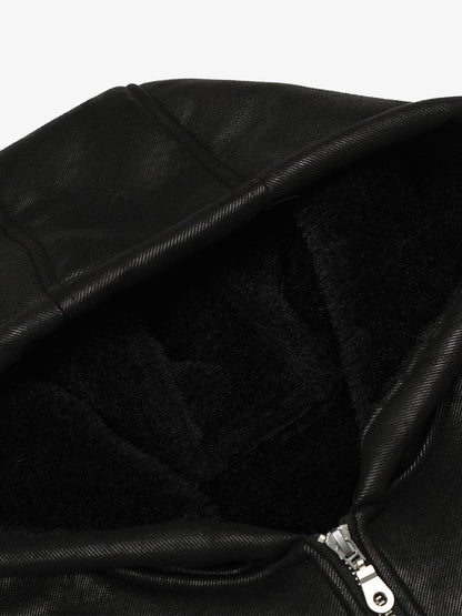 Vintage Leather Badge Fleece-lined Hooded Zip Bomber Jacket - 2547 