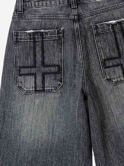 Ripped Letter Wide-Leg Denim Shorts