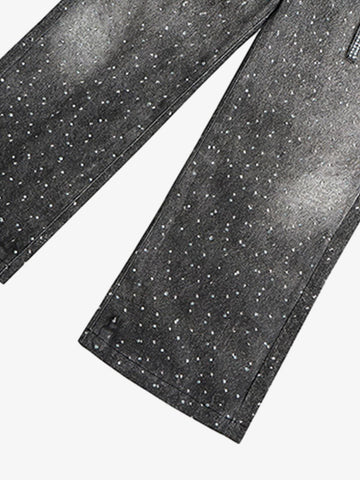 Denim Distressed Belt Diamond Decorated Jeans 