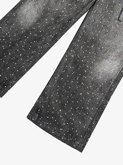 Denim Distressed Belt Diamond Decorated Jeans 