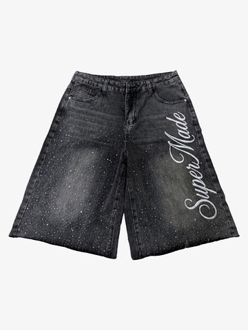 Embroidered Washed Denim Shorts