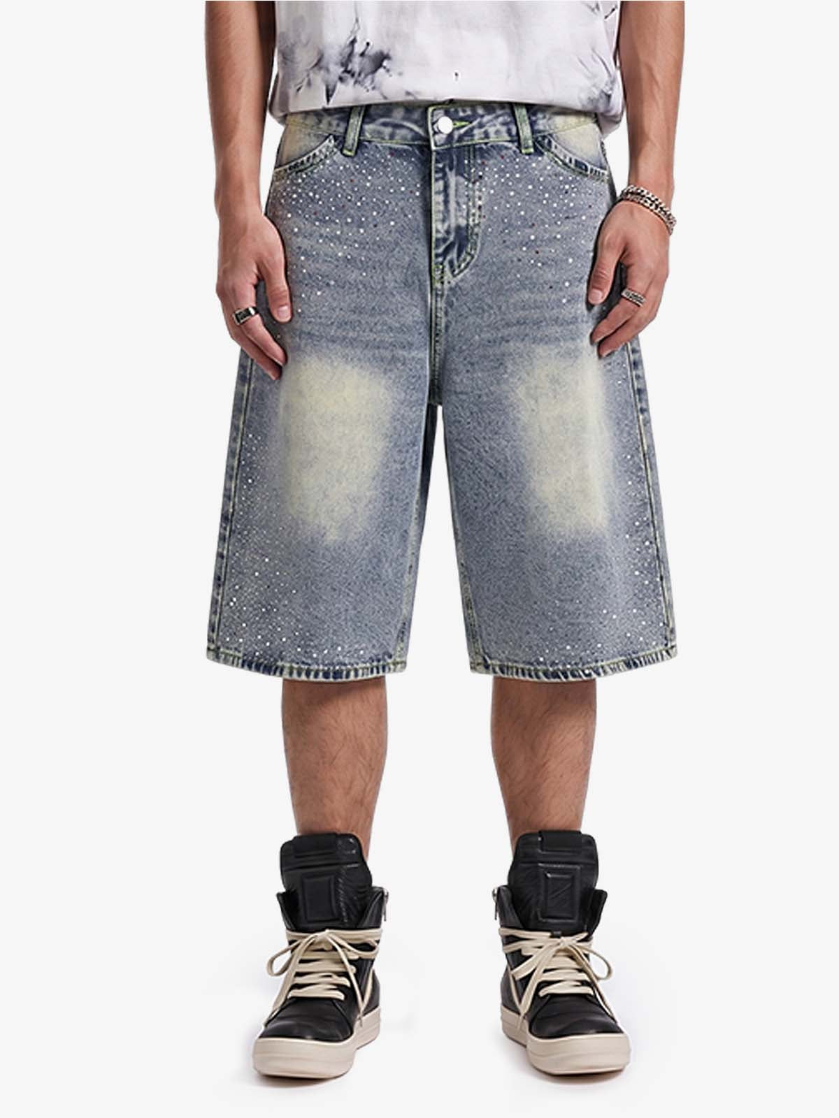 Rhinestone Distressed Denim Bermuda Shorts – Wide-Leg Cotton Streetwear Shorts