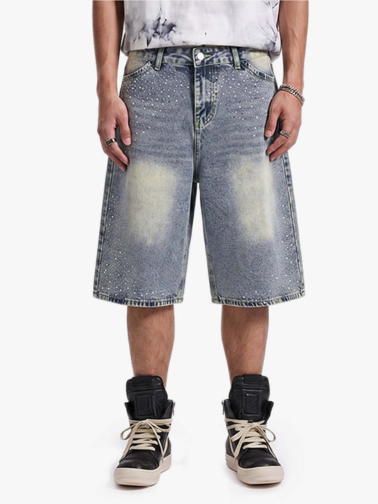 Rhinestone Distressed Denim Bermuda Shorts