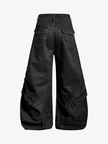 Pleated Panel Curved Leg Cargo Cotton Pants 