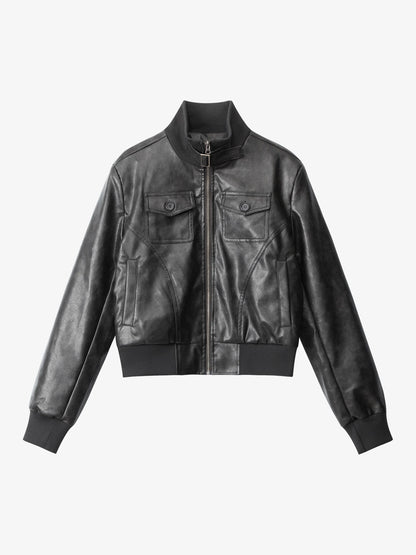 Thesupermade Faux Leather Cropped Fit Bomber Jacket