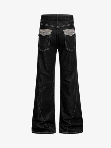 Vintage Plaid-Trim Tape-Belt Jeans 