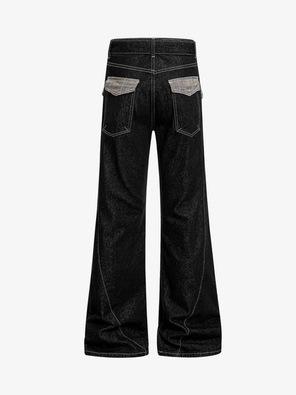 Vintage Plaid-Trim Tape-Belt Jeans 