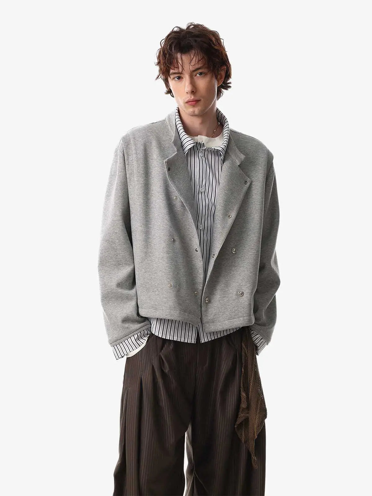 Button Detail Striped Panel Faux Layered Jacket 