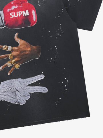 Black Distressed Graphic Tee with Boxing Glove Print – Oversized Streetwear T-Shirt