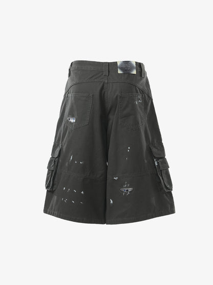 Vintage Distressed Multi Pocket Wide Leg Cargo Shorts