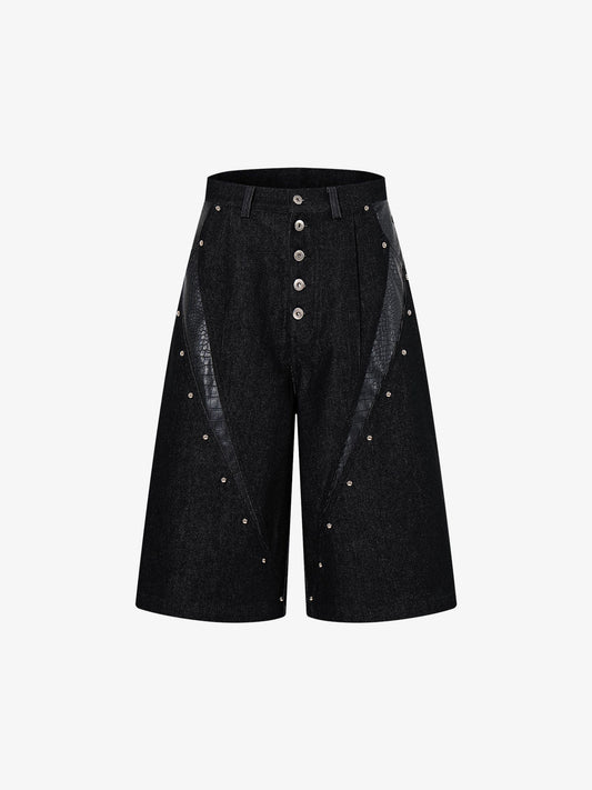 Black Denim Jacket with Croc-Embossed Trim