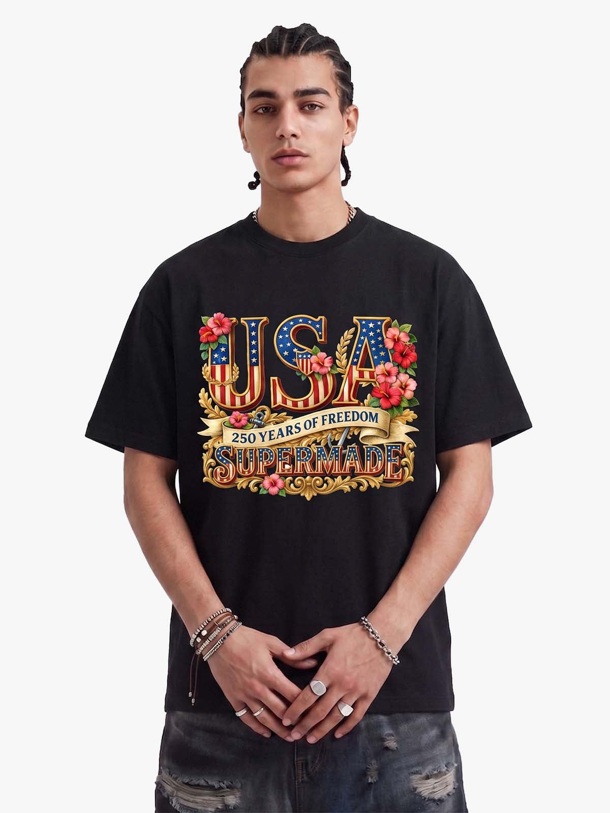 Floral USA Flag Graphic T-Shirt