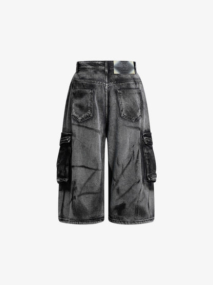 Grunge Wash Cargo Denim Shorts