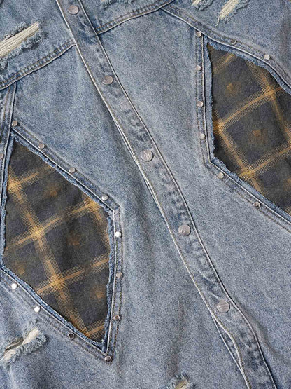 Retro Washed Plaid-Paneled Distressed Denim Set 