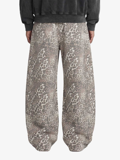 Street Leopard Camouflage Pleated Barrel Jeans 