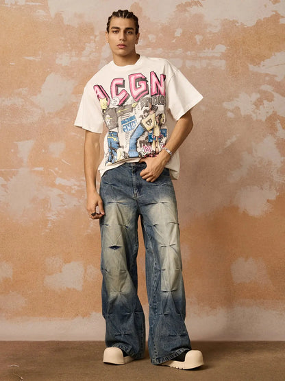 Distressed Washed Pleated Jeans 