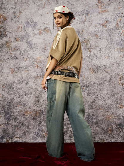 Suede Contrast Color Spliced Letter Embroidery Oversize T-shirt - 2462 