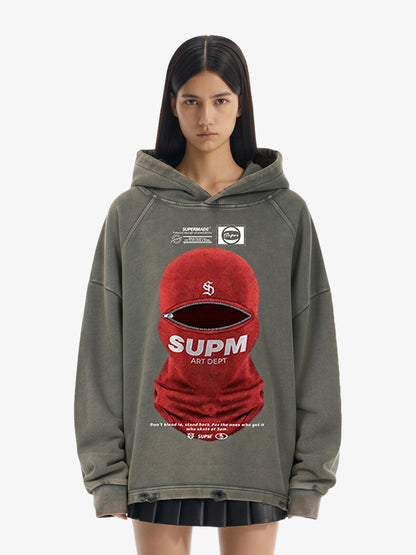 Retro Bandit Hat Graphic Distressed Cropped Hoodie 
