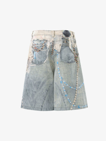 Jewelry Pearl Graphic Print 3D Effect Denim Shorts 