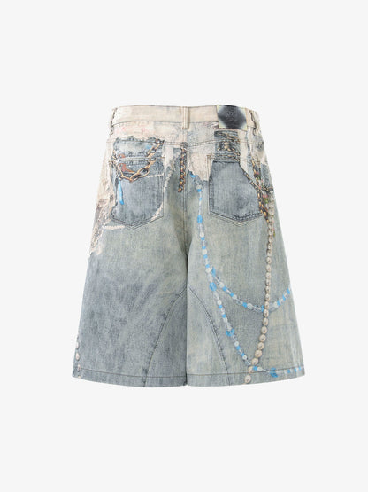 Jewelry Pearl Graphic Print 3D Effect Denim Shorts 