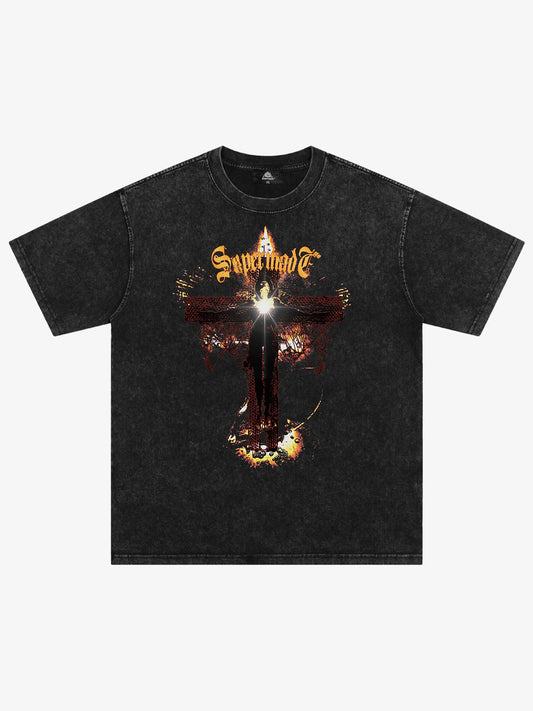 Washed Gothic Cross Graphic T-Shirt 
