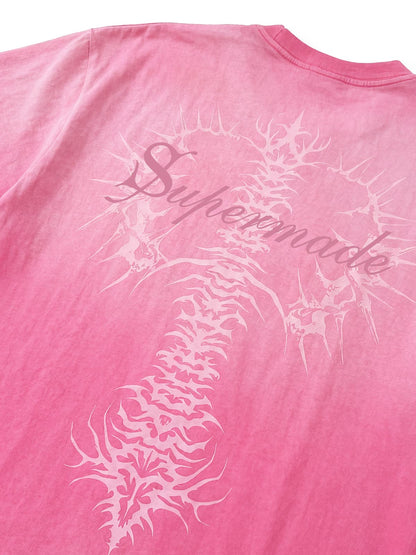 Thesupermade-Unisex Loose-fit Gradient Pink And Black Street Punk T-shirt With Gothic Pattern Print, Suitable For Street 