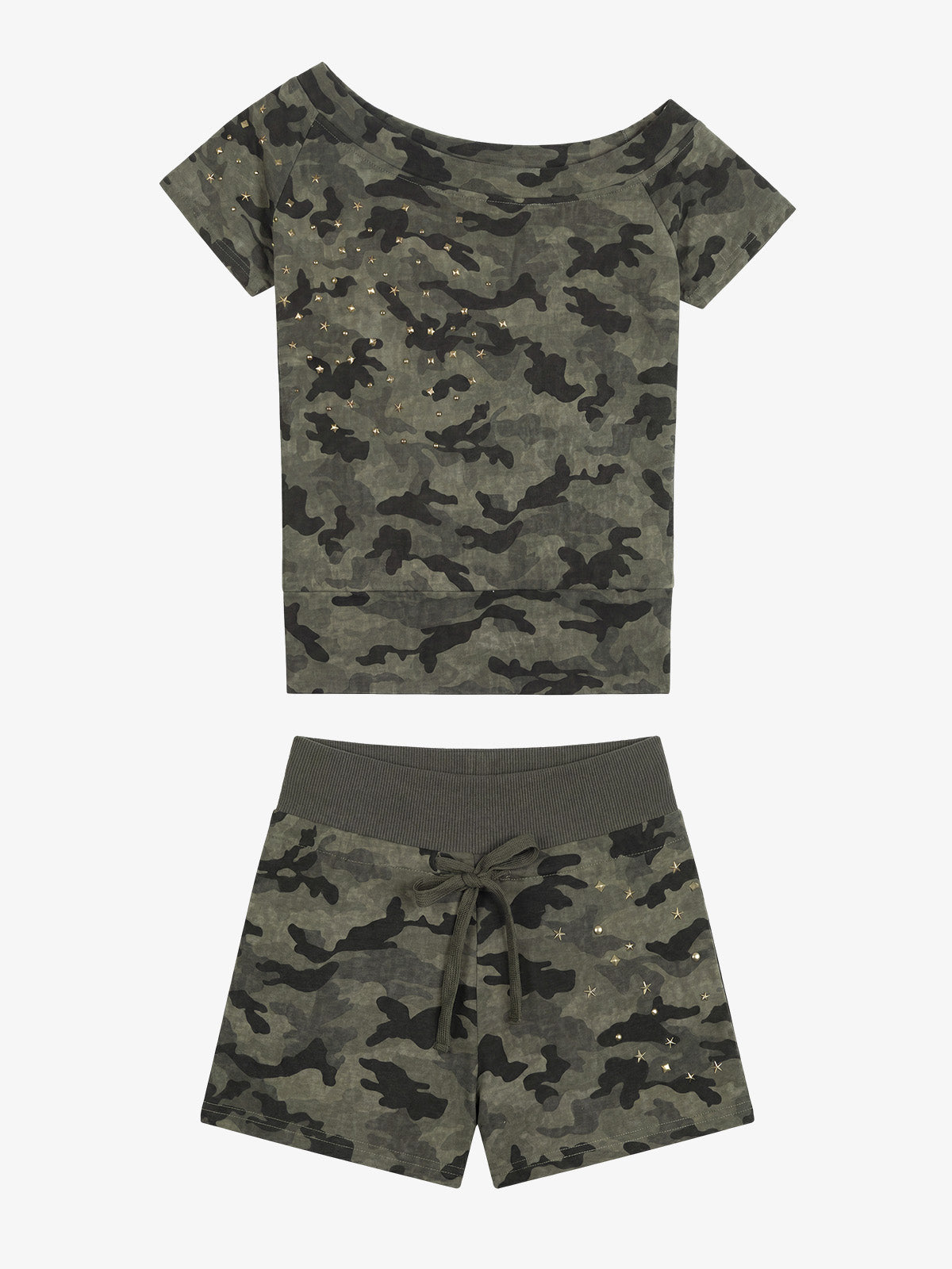 Camo Faux Fur Lounge Set – Gold Star Embellished Shorts & Tee Streetwear Set
