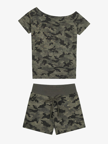 Camo Faux Fur Lounge Set – Gold Star Embellished Shorts & Tee Streetwear Set