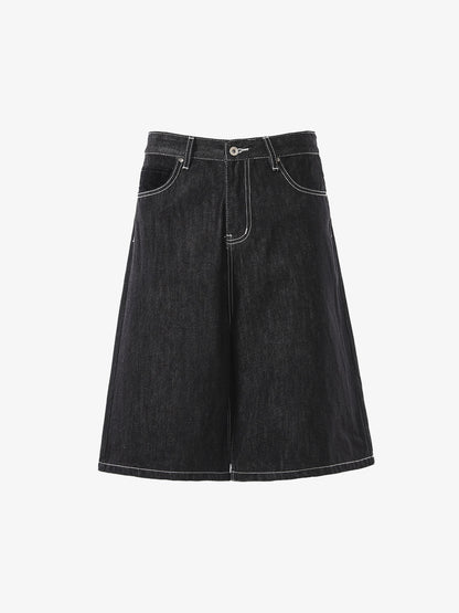 Vintage Contrast Stitch Wide Leg Denim Jorts