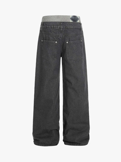 Vintage Washed Layered Waist Wide Leg Denim Jeans 