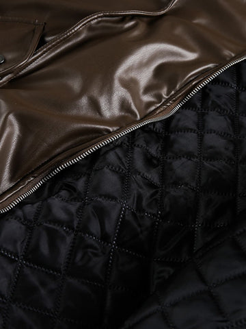 Retro Brown Faux Leather Zip-Up Bomber Jacket 