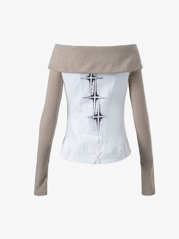 Thesupermade Napoleon Button Off-Shoulder Slim Fit Long Sleeve Top