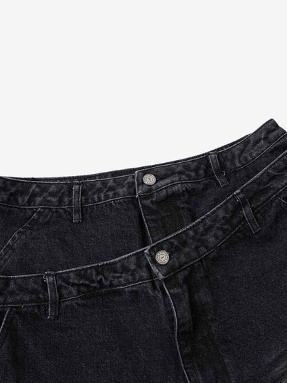 Double Waistband Ripped Denim Shorts