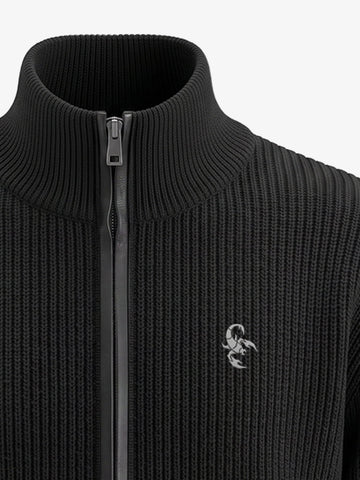 Leather Patch Embroidered Zip Cardigan