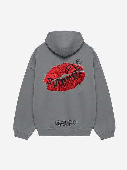 Oversized Hoodie with Lip Print Embroidery
