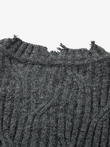 Knitted Distressed Diamond Pattern Raw Edge Sweater 