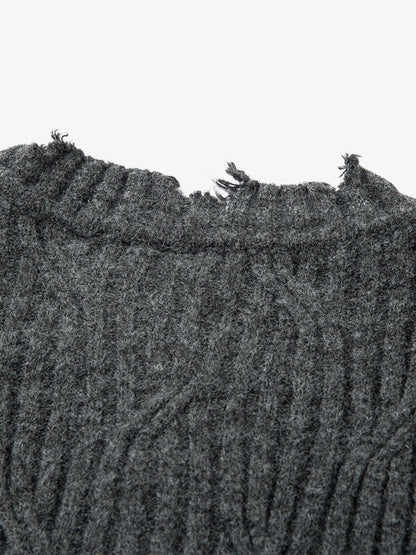 Knitted Distressed Diamond Pattern Raw Edge Sweater 