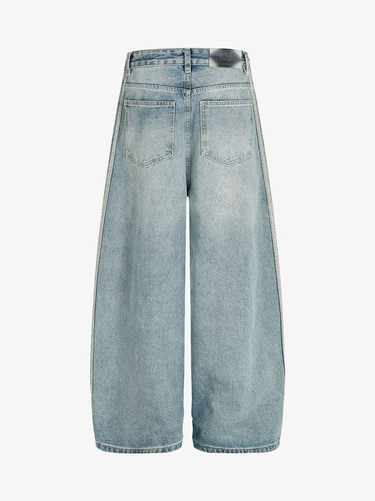 Retro Washed Side Striped Barrel Denim Jeans 