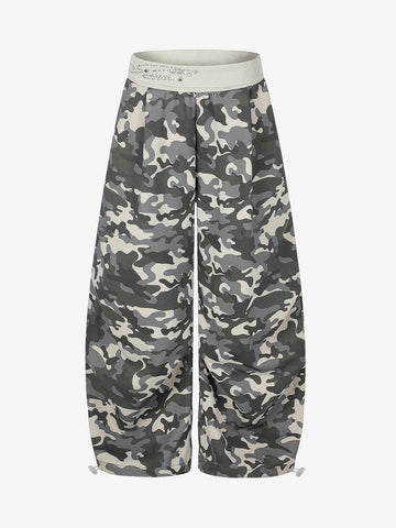 Ribbed Folded Waist Camo Barrel Baggy Sweatpants