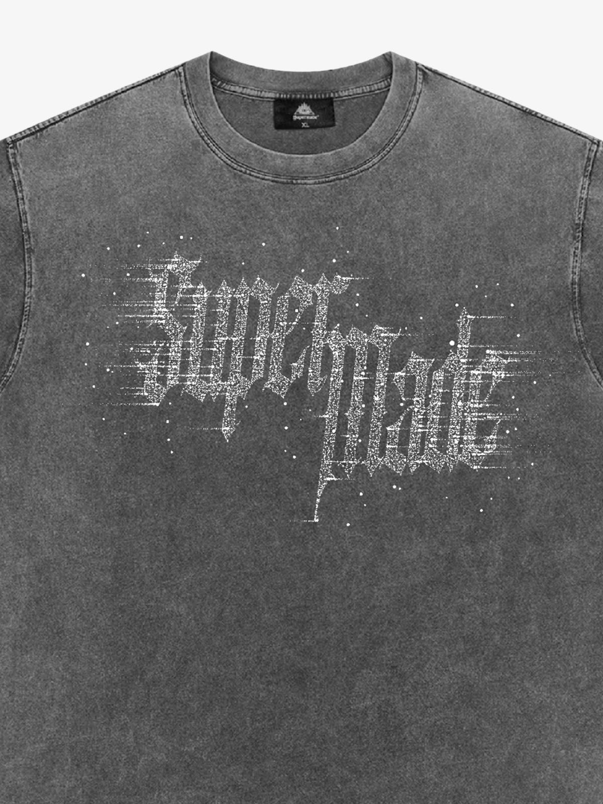 Washed Gothic Letter Imitation Diamond T-Shirt 